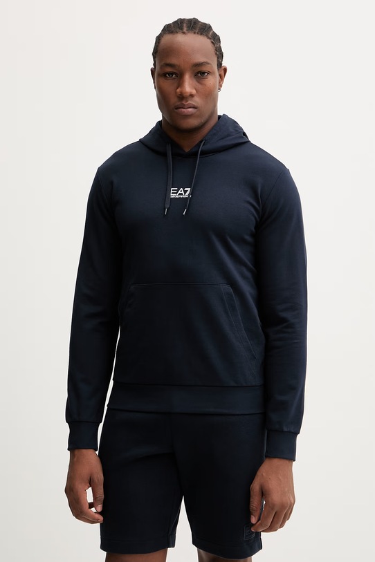 Bombažen pulover EA7 Emporio Armani S kapuco mornarsko modra PJVRZ.8NPM32
