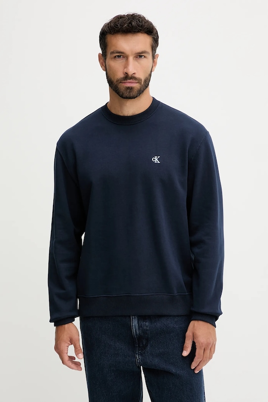 Bavlněná mikina Calvin Klein Jeans bez kapuce námořnická modř LV04RC296G