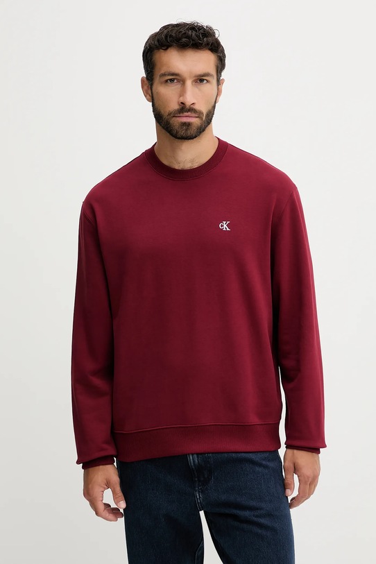 Bavlněná mikina Calvin Klein Jeans bez kapuce burgundské LV04RC296G