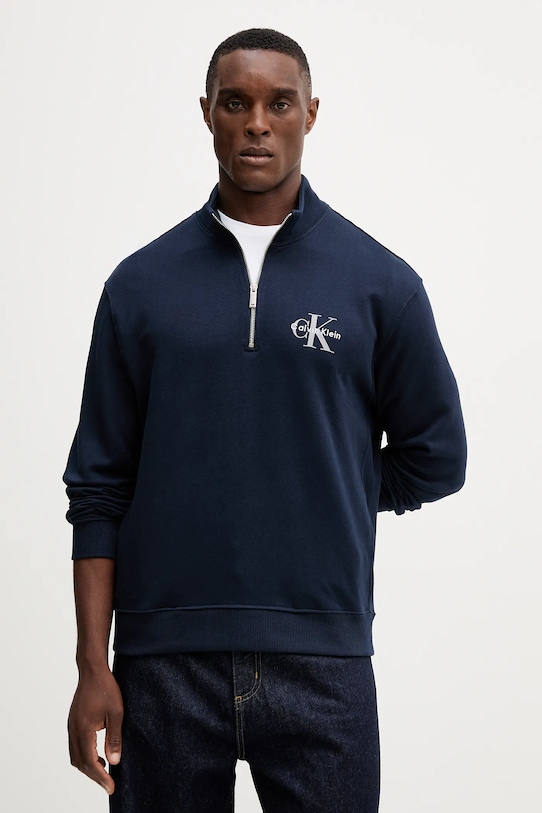 Bavlněná mikina Calvin Klein Jeans bez kapuce námořnická modř LV04RD244G