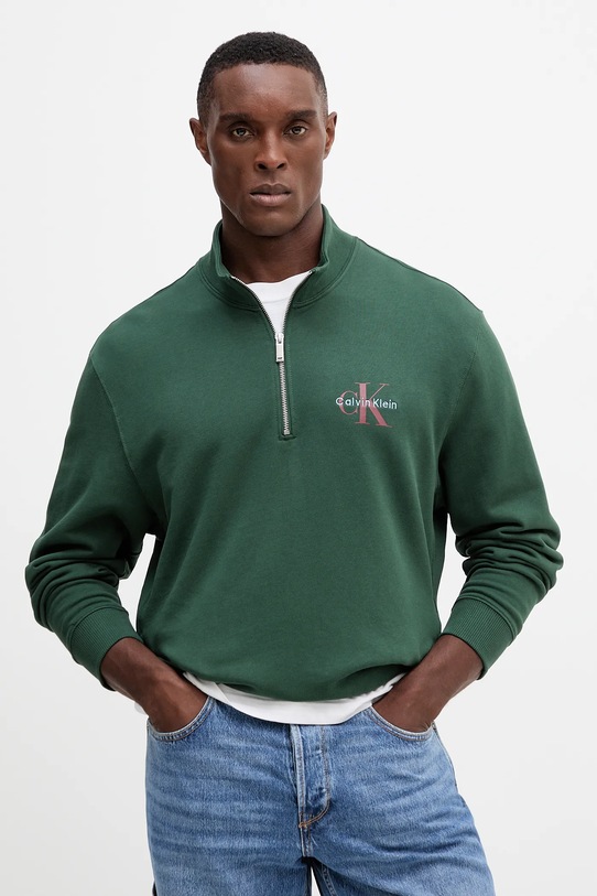 Βαμβακερή μπλούζα Calvin Klein Jeans χωρίς κουκούλα πράσινο LV04RD244G