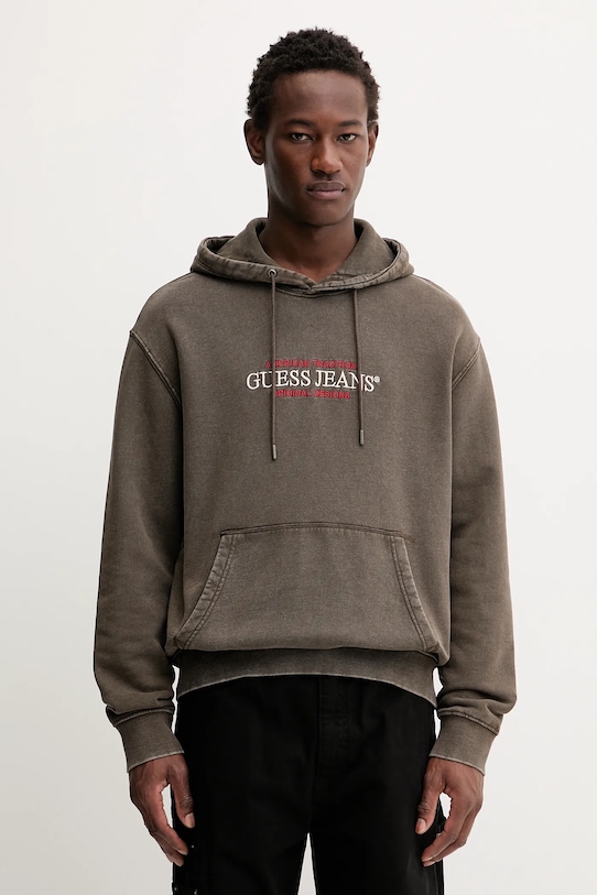 Guess Jeans bluza bawełniana z kapturem brązowy M5BQ33.KCPR1