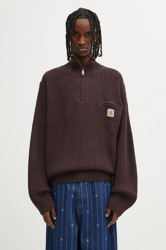 Carhartt WIP sweter z dodatkiem wełny Detroit Half Zip Sweater okrągły brązowy I035398.33HXX