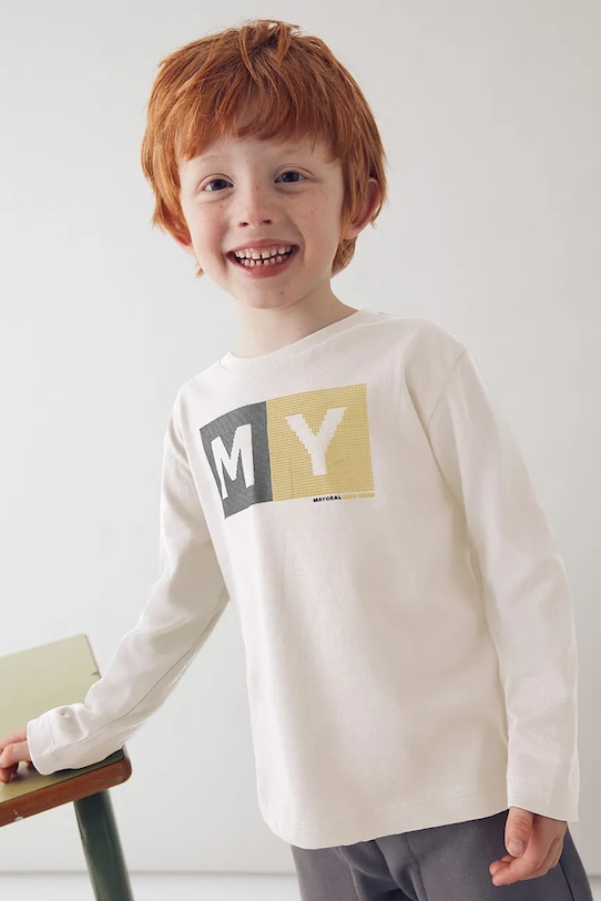 Mayoral longsleeve bawełniany nadruk beżowy 173.5C.Mini.9BYA