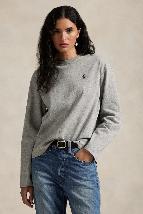 Памучна блуза с дълги ръкави Polo Ralph Lauren свободна сив 211967105