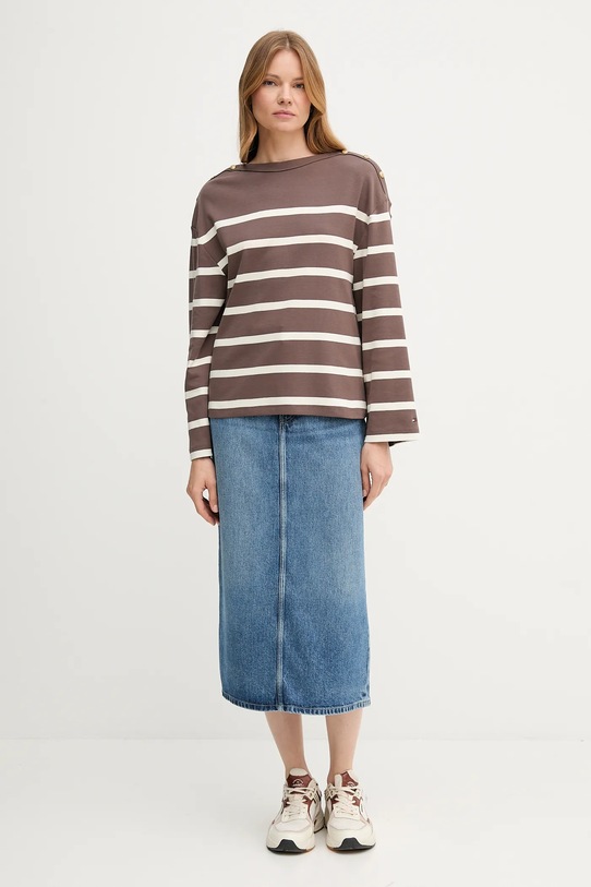 Βαμβακερή μπλούζα με μακριά μανίκια Tommy Hilfiger WW0WW45760 καφέ AW25