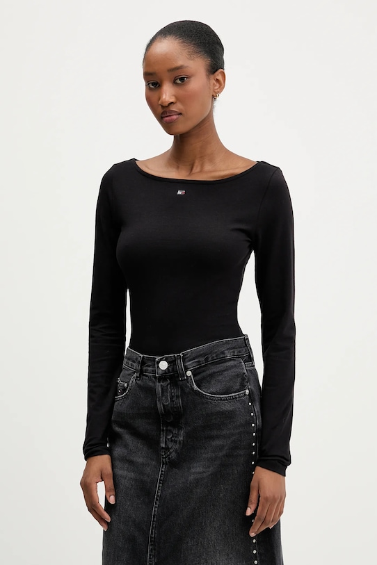 Tommy Jeans longsleeve z elastanem czarny DW0DW21548