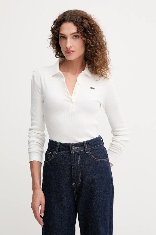 Βαμβακερή μπλούζα με μακριά μανίκια Lacoste slim μπεζ DF5281