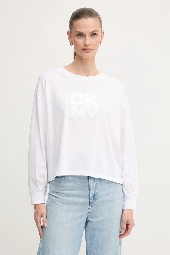 Памучна блуза с дълги ръкави Dkny свободна бял DJ5T1488