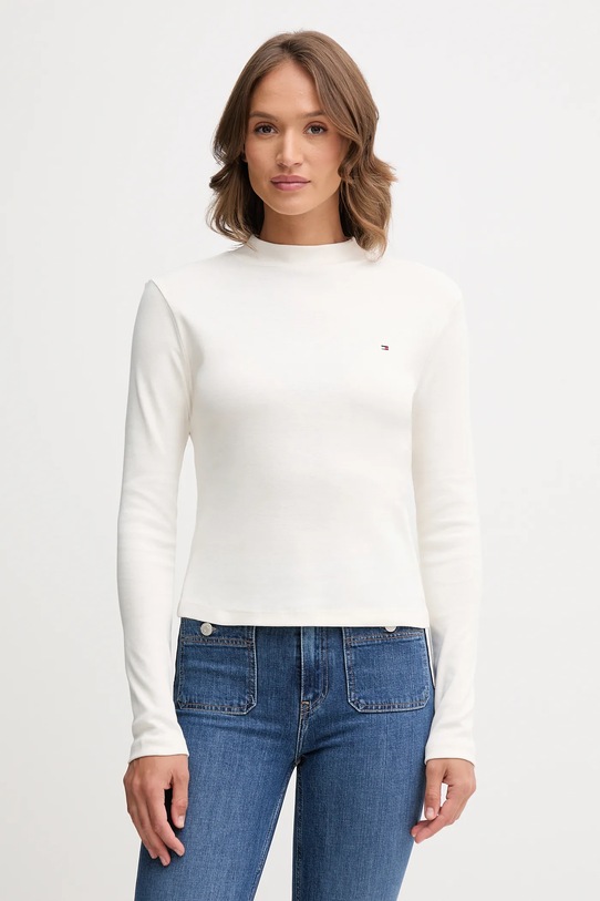 Bavlněné tričko s dlouhým rukávem Tommy Hilfiger hladký béžová WW0WW47307