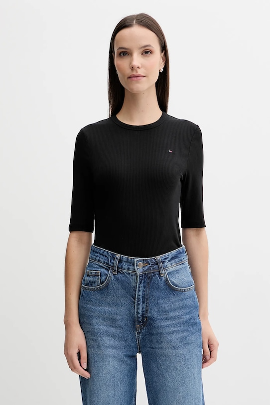 Μπλουζάκι Tommy Hilfiger με ελαστάν μαύρο WW0WW47308