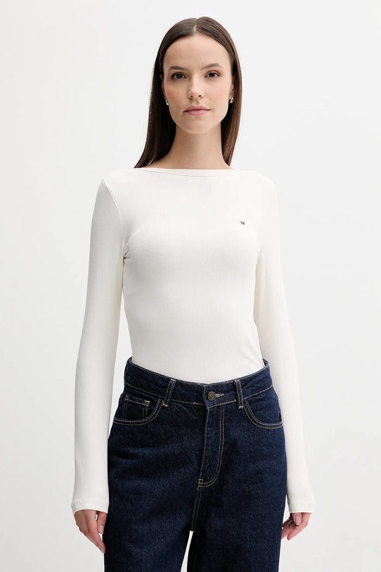 Majica dugih rukava Tommy Hilfiger natpis bež WW0WW47309