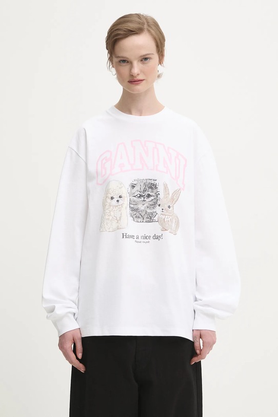 GANNI longsleeve bawełniany Re-cut Heavy Jersey Animals nadruk biały T4275