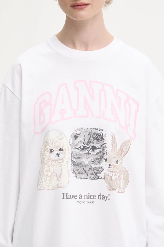 GANNI longsleeve bawełniany Re-cut Heavy Jersey Animals biały T4275