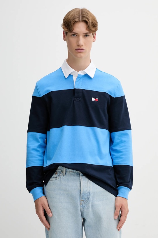 Bavlněné tričko s dlouhým rukávem Tommy Jeans propínací modrá DM0DM21665