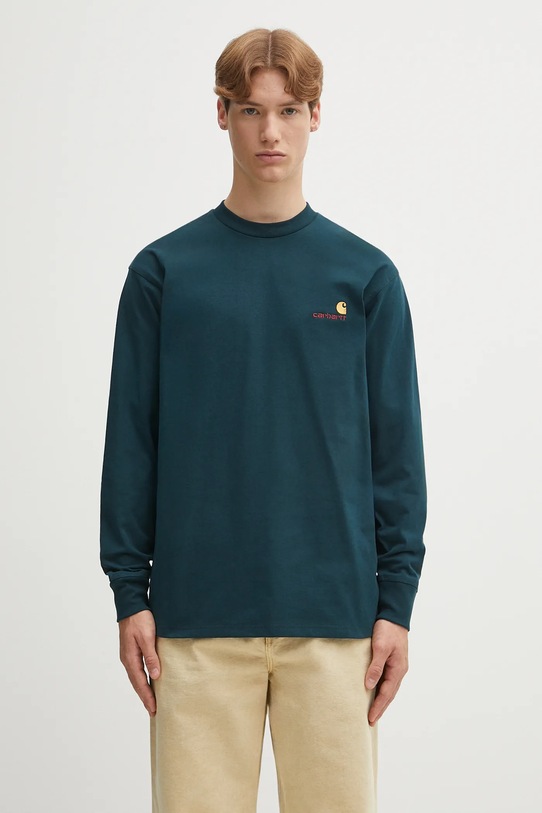 Бавовняний лонгслів Carhartt WIP L/S American Script бавовна бірюзовий I029955.0AUXX