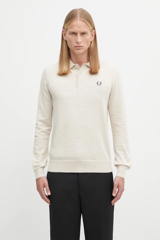 Fred Perry sweter z wełną zapinany beżowy K4535