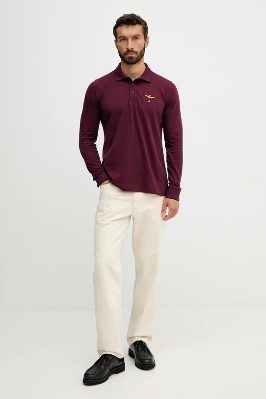 Bavlněné tričko s dlouhým rukávem Aeronautica Militare PO1653UP00082 burgundské AW25