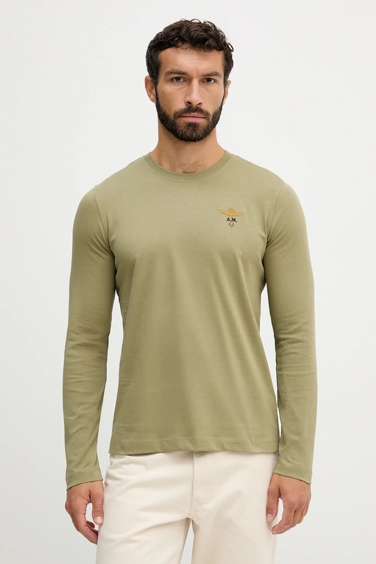 Bavlněné tričko s dlouhým rukávem Aeronautica Militare hladký zelená TS2390UJ00372