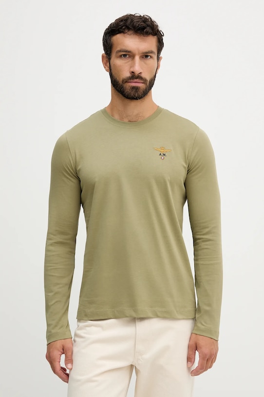 Bavlněné tričko s dlouhým rukávem Aeronautica Militare hladký zelená TS2390UJ00372