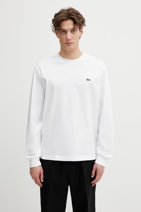 Lacoste longsleeve din bumbac uni alb TH7307