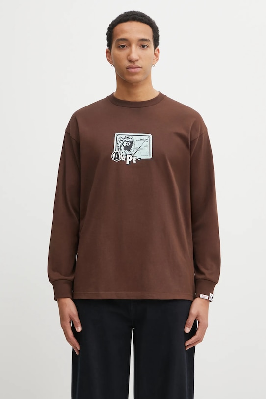 AAPE longsleeve bawełniany Theme Main nadruk brązowy AAPLTM1752XXP