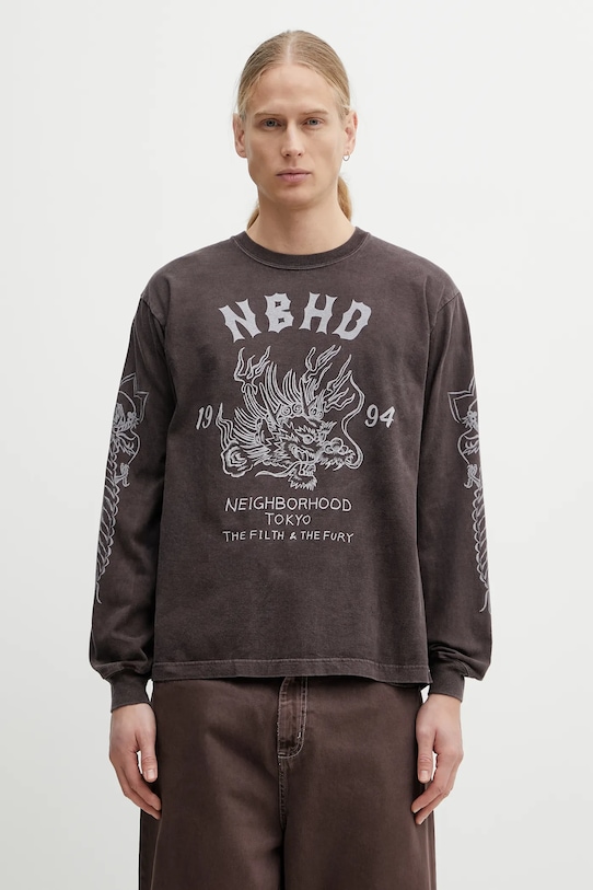 NEIGHBORHOOD longsleeve bawełniany NH . TEE LS-14 wzorzyste brązowy 252PCNH.LT14
