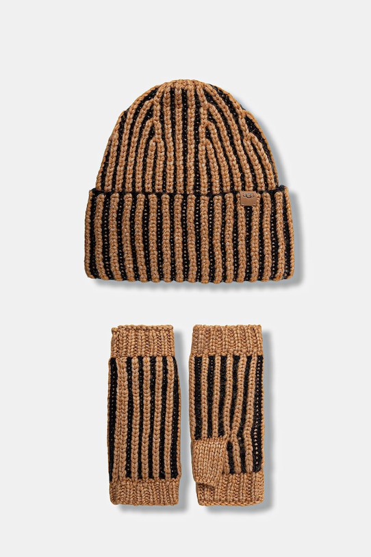 UGG czapka i mitenki z domieszką wełny CHUNKY drobny wzór brązowy 103605