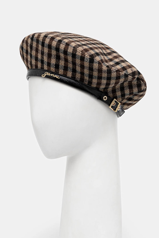Baretka GANNI Checked Wool Mix Beret melanž hnedá A6669