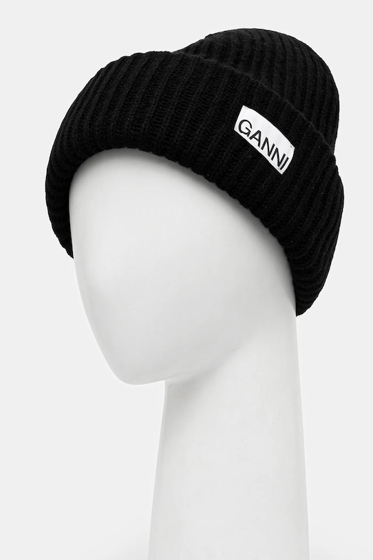 GANNI czapka z dodatkiem wełny Structured Rib A4429 czarny AW25