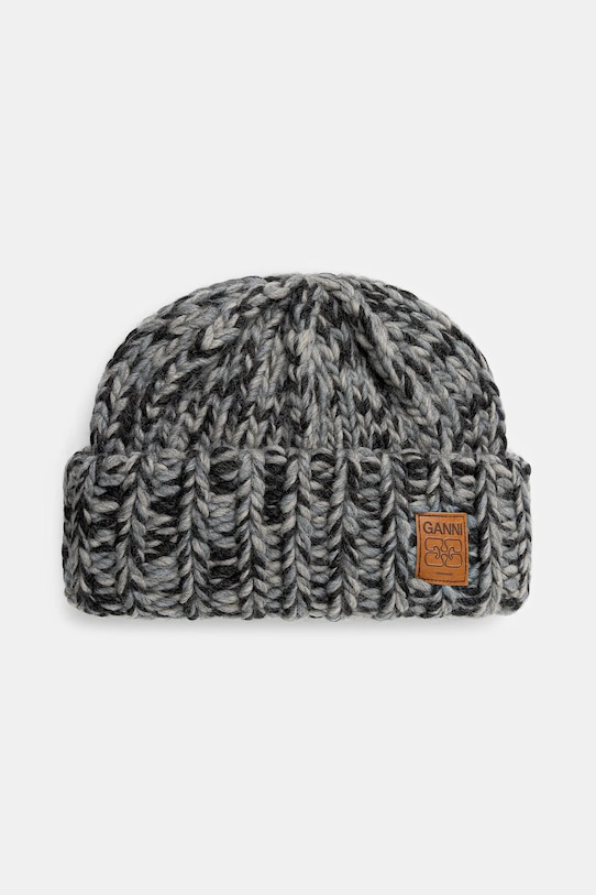 Вовняна шапка GANNI Graphic Wool Hand Knit щільний сірий A6904