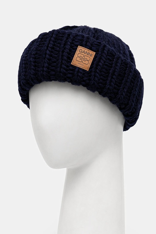 GANNI czapka wełniana Graphic Wool Hand Knit A7171 granatowy AW25