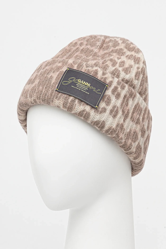 GANNI czapka z dodatkiem wełny Graphic Wool Mix Printed Leopard A6658 brązowy AW25