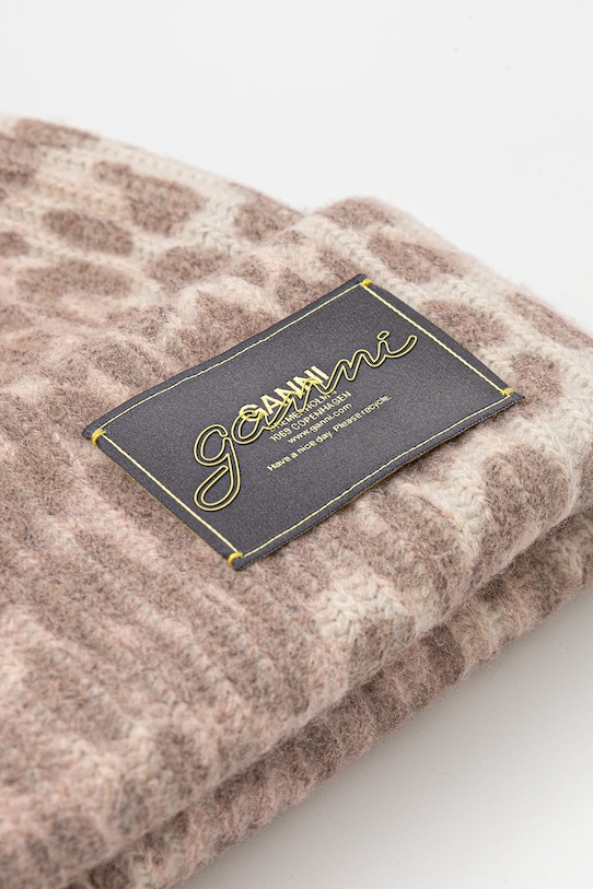 Akcesoria GANNI czapka z dodatkiem wełny Graphic Wool Mix Printed Leopard A6658 brązowy