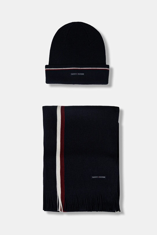Σκουφάκι και κασκόλ με προσθήκη μαλλιού Tommy Hilfiger μεσαίου πάχους σκούρο μπλε AM0AM13809