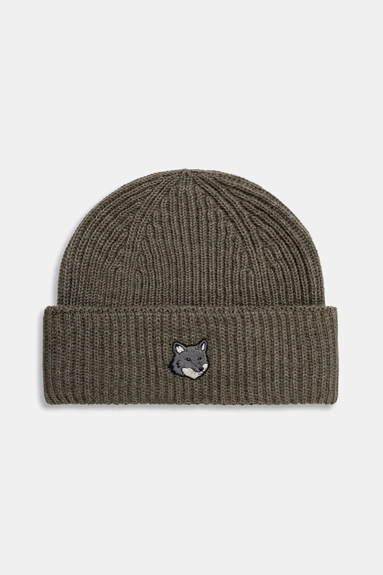 Vlnená čiapka Maison Kitsuné Fox Head Large Beanie nášivka zelená PM06112KT1022