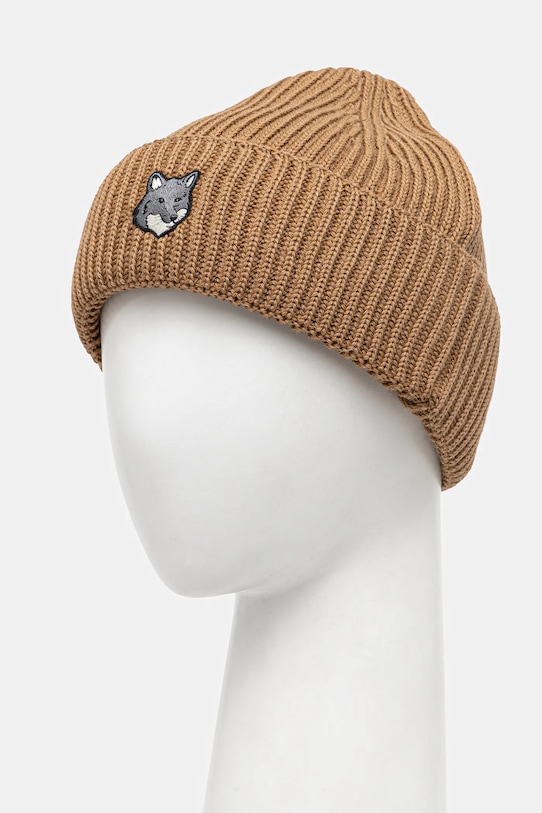 Maison Kitsuné berretto in lana Fox Head Large Beanie PM06112KT1022 marrone AW25