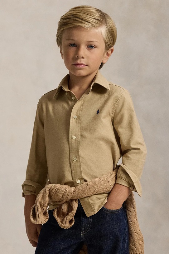 Παιδικό βαμβακερό πουκάμισο Polo Ralph Lauren μακρύ μπεζ 322858909022