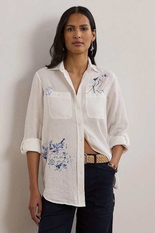 Lauren Ralph Lauren cămașă de in lung alb 200970750