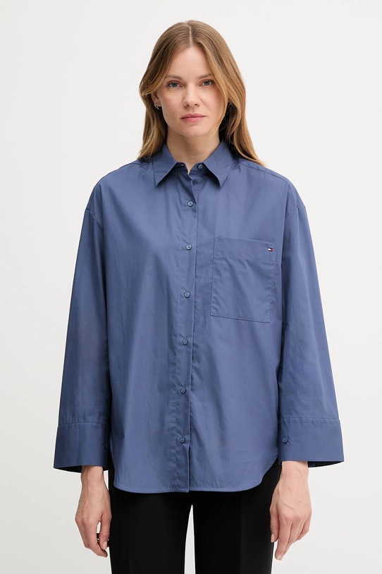 Bombažna srajca Tommy Hilfiger Dolg mornarsko modra WW0WW45892