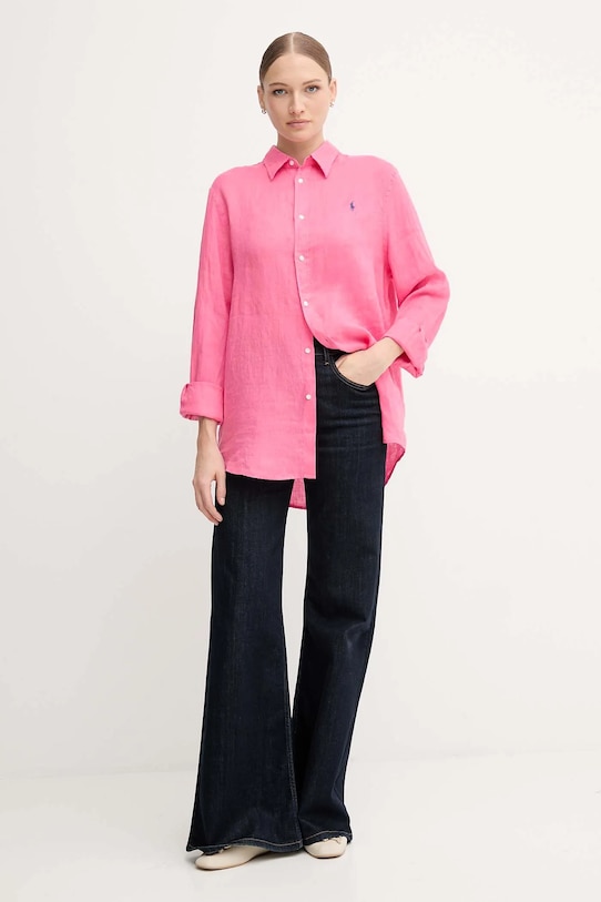 Lněná košile Polo Ralph Lauren 211970731 růžová AW25