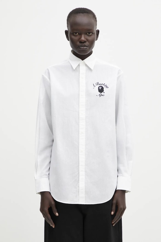 Πουκάμισο με μείγμα από λινό A Bathing Ape College απλικέ λευκό 001SHL302002L