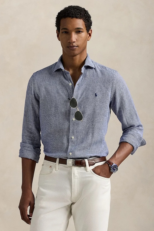 Πουκάμισο από λινό Polo Ralph Lauren μακρύ σκούρο μπλε 710968971