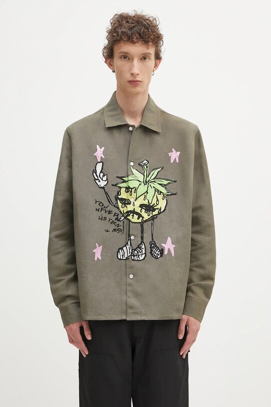 Sky High Farm cămașă de in Smoke strawbabies casual verde SHF07B002