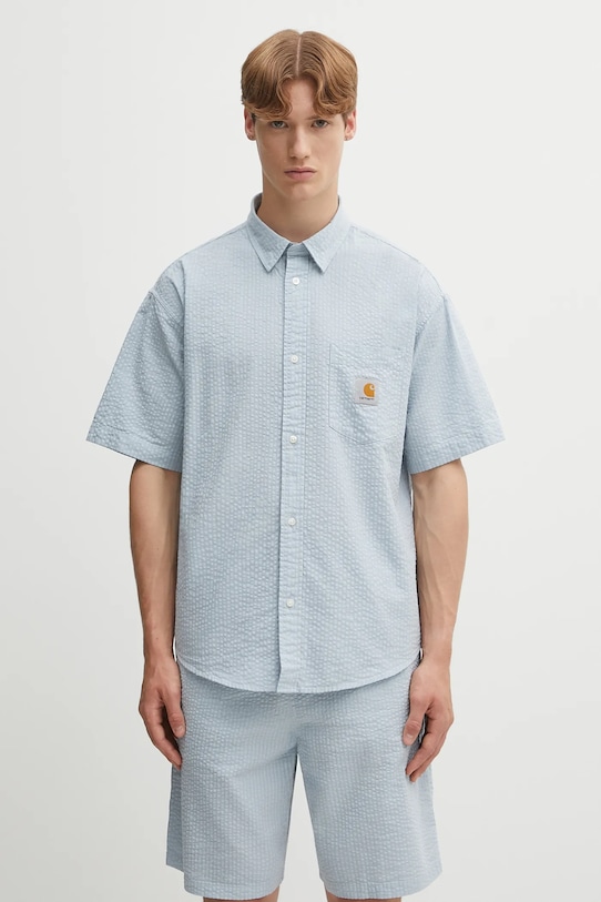 Carhartt WIP koszula bawełniana S/S Toland gładkie niebieski I035151.31SXX