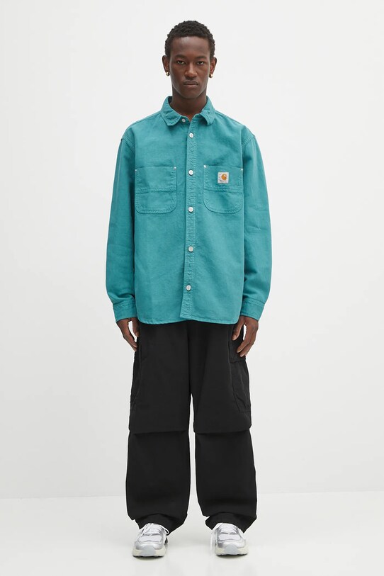 Carhartt WIP koszula z domieszką lnu Walter I033578.2ZUGD turkusowy