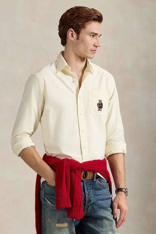 Βαμβακερό πουκάμισο Polo Ralph Lauren μακρύ μπεζ 710P00662