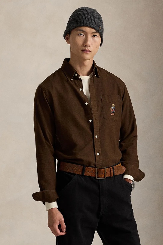 Βαμβακερό πουκάμισο Polo Ralph Lauren μακρύ καφέ 710P00662