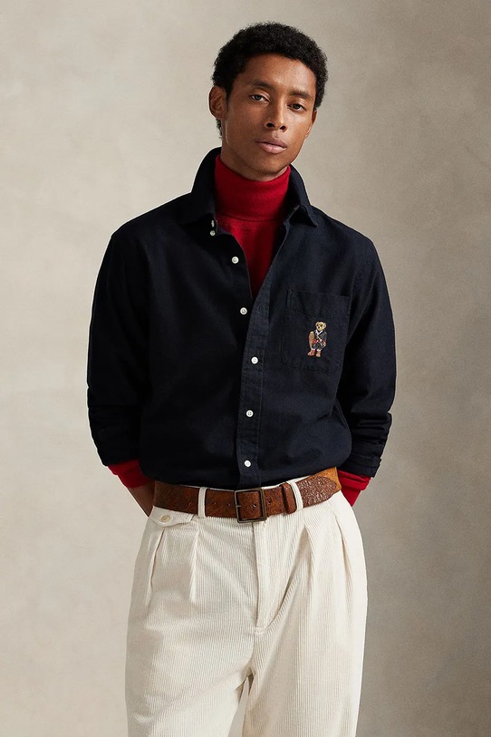 Βαμβακερό πουκάμισο Polo Ralph Lauren μακρύ μαύρο 710P00662