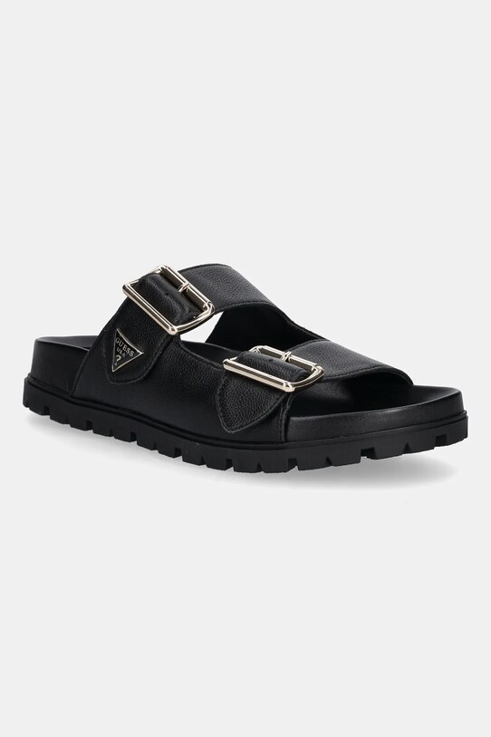 Δερμάτινες παντόφλες Guess FASTEN φλατ μαύρο FLTFST.LEA03.BLACK